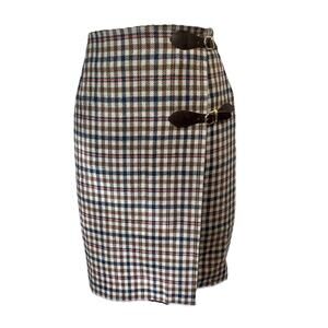 Vintage Brooks Brothers Wrap Skirt sz 6 Brown Orange Plaid Wool Leather Buckles